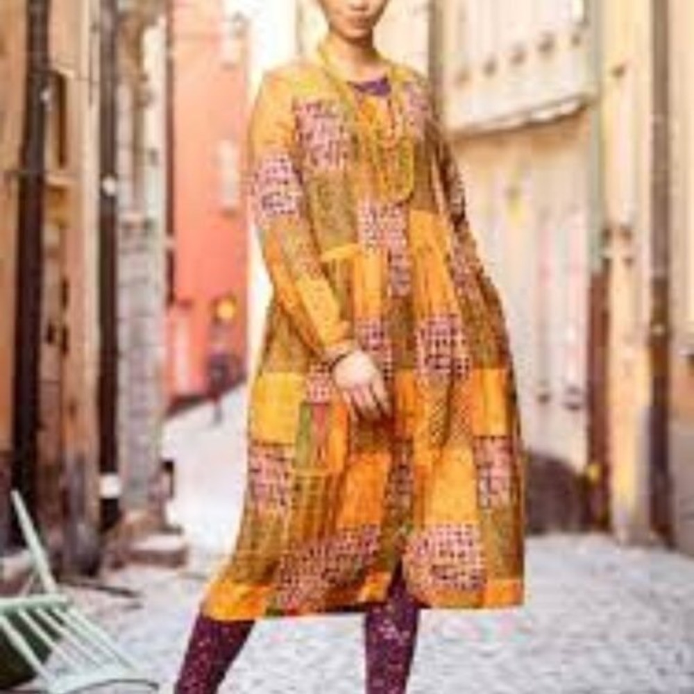 Gudrun Sjodan linen dress patchwork print button front long sleeve women's small